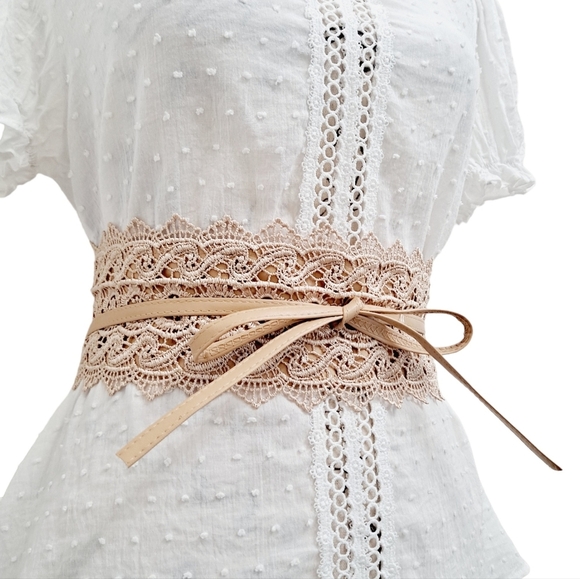Corset tan boho faux leather Obi Wide Waist Wrap floral lace dress belt new - Picture 7 of 13